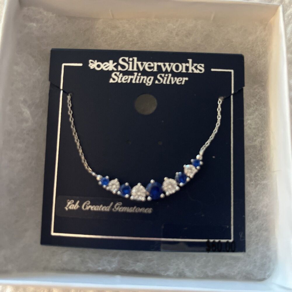 Stunning Deep Blue and White Sapphire Necklace on 17" 925 Silver Chain